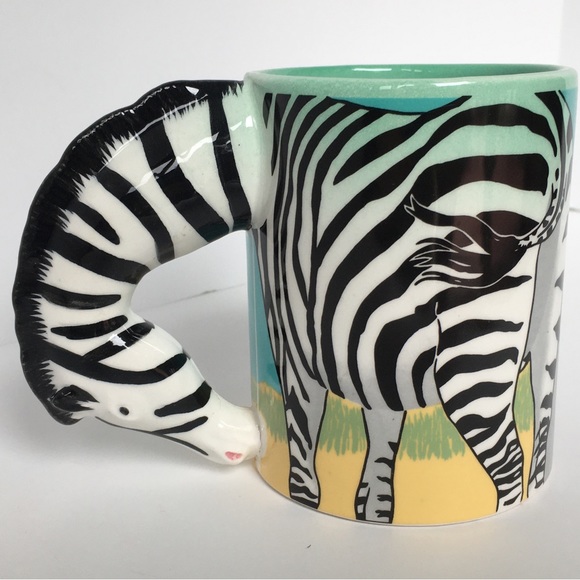 Zebra Mug Neck Handle Black White Green Ceramic Vintage 1988 Five and Dime Cup - Picture 4 of 15